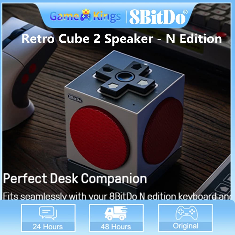 Altoparlante Bluetooth 8BitDo Retro Cube 2 per tastiera e mouse 8BitDo N Edition con base di ricarica e audio stereo.