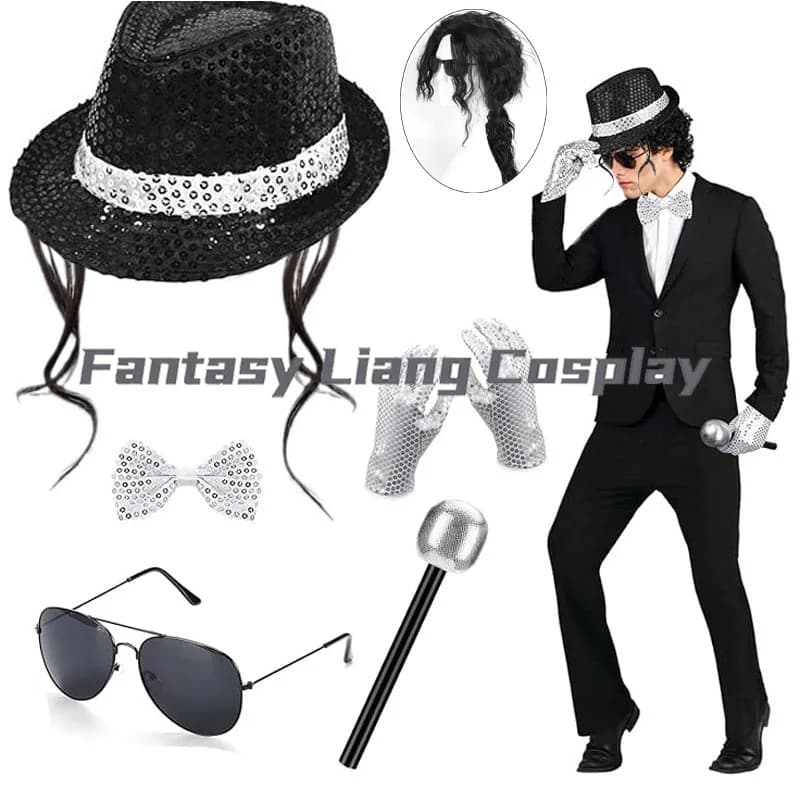Costume da cosplay di Michael Jackson, parrucca, cappello con paillettes, cravatta, guanti, set per performance sul palco, discoteca, Halloween, carnevale, travestimento per feste
