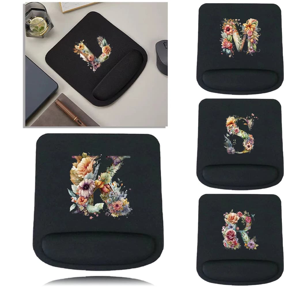 Tappetino per Mouse da Scrivania Serie Floreale con Lettere per PC e Laptop, Tappetino Ergonomico Antiscivolo con Supporto per Polso, Accessori per Ufficio