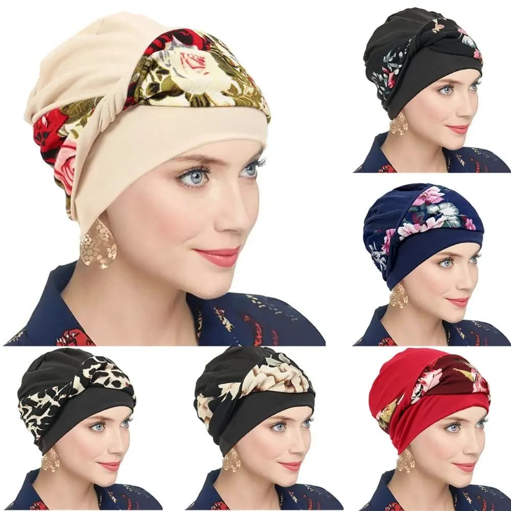 Casual Flower Printed Knot Chemo Hat Elastic Soft Beanie Hats Breathable Stretchy Turban Hat
