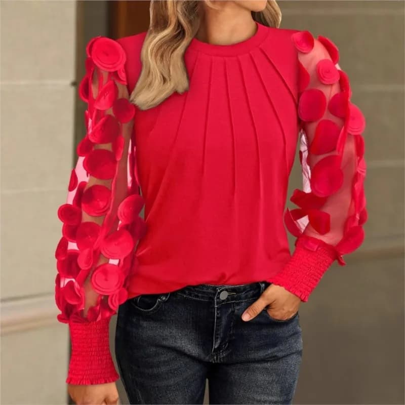 Camicetta elegante da donna Top con maniche a petalo Tinta unita Top T-shirt Pullover Piega Top 2025 Primavera Autunno Nuova moda Camicia casual