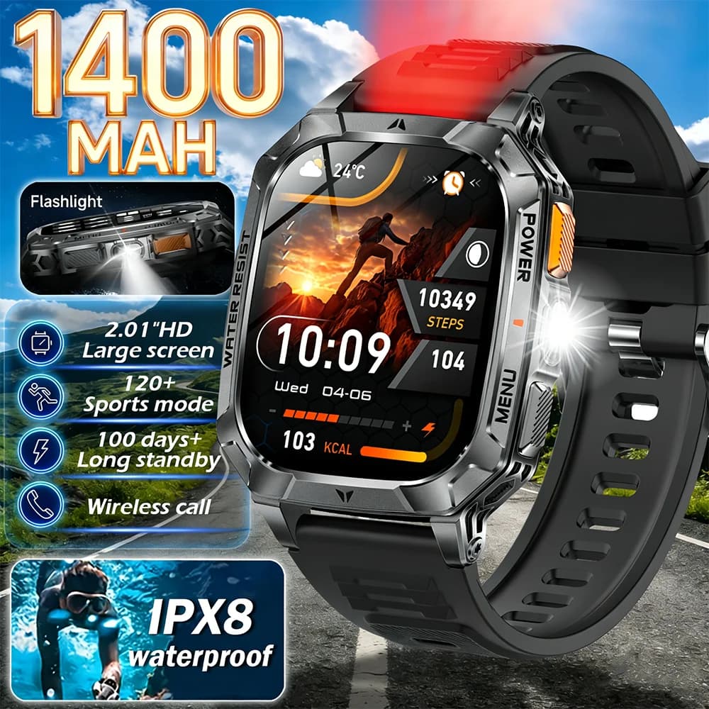 NUOVO Smartwatch Militare T-Rex3 Pro per Sport all'Aperto, Batteria da 1400mAh, GPS, Impermeabile 5ATM, Schermo HD da 2.01\", Chiamate BT