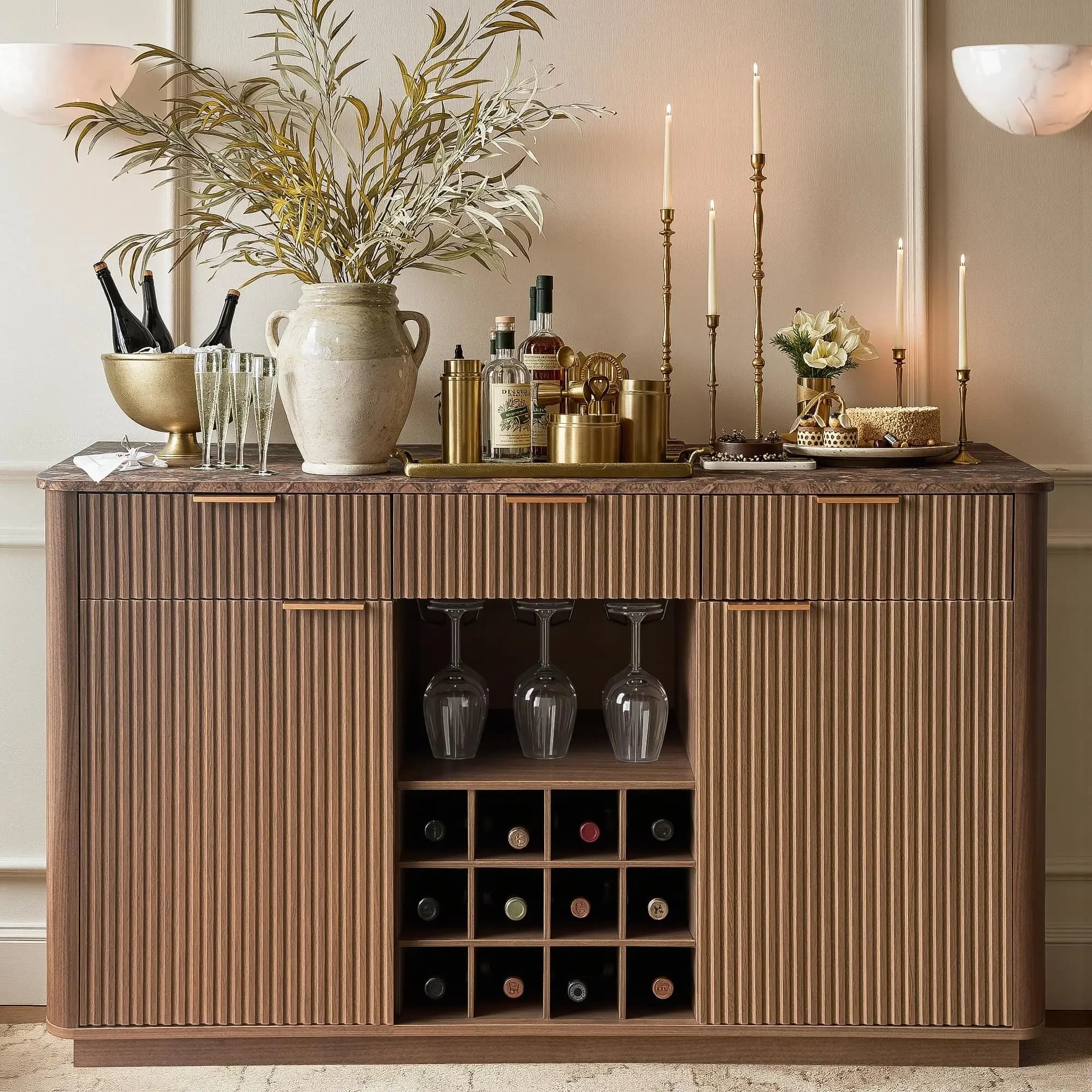 Fluted Sideboard Buffet Cabinet With Wine Rack And Glass Holder Mid Century Modern Faux Marble Top Walnut Finish