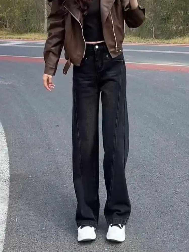 Jeans a gamba dritta in pile spesso, a vita alta, pantaloni lunghi, pantaloni larghi a gamba larga, pantaloni lunghi fino al pavimento da donna