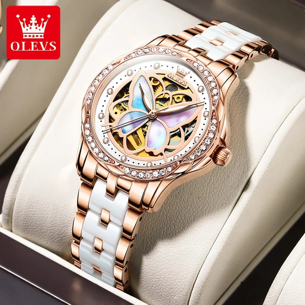 OLEVS brand watches, elegant with studded details, styles with band strap, fully automatic mechanical watches for women.