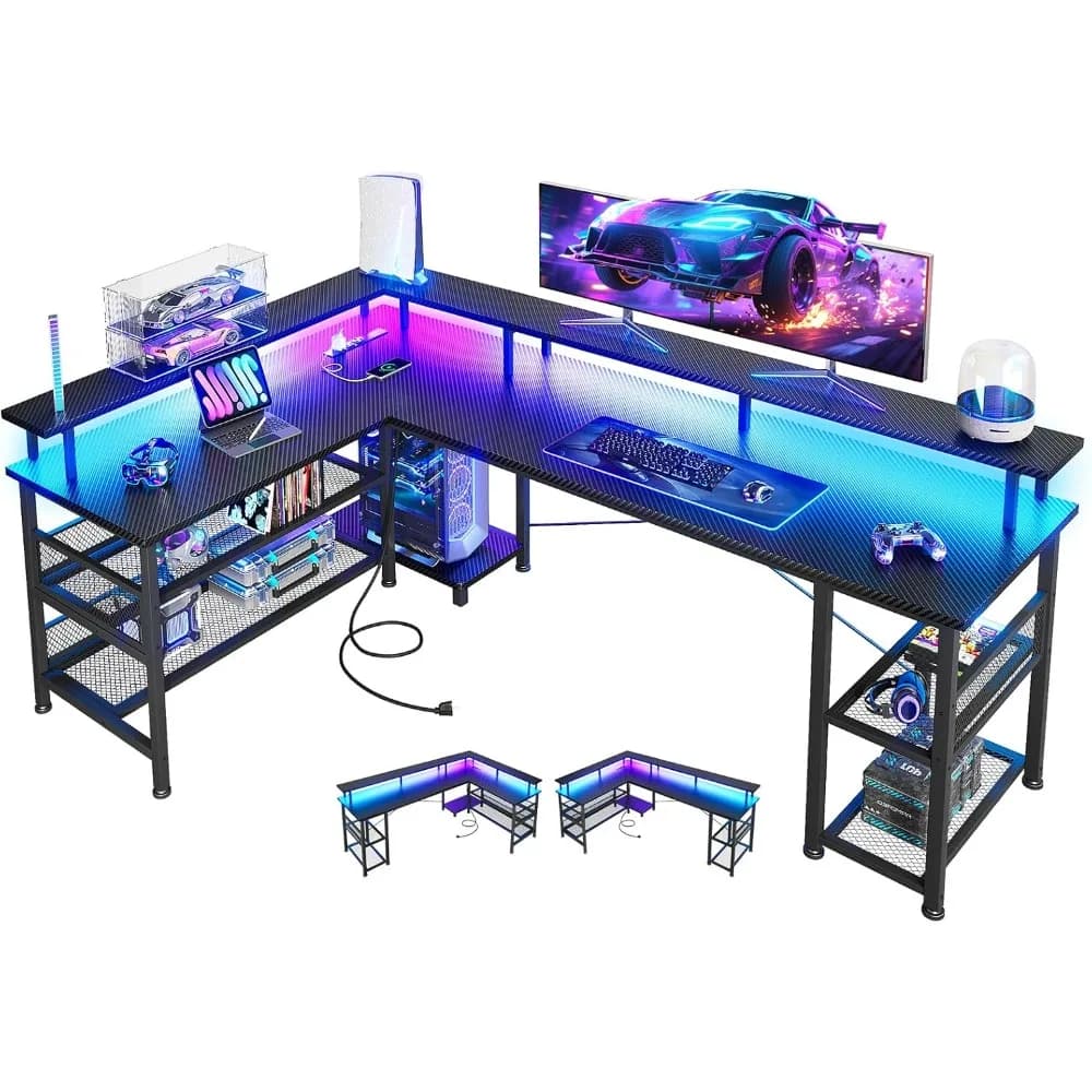 Scrivania da gioco a L con design in fibra di carbonio, presa di corrente e illuminazione a LED