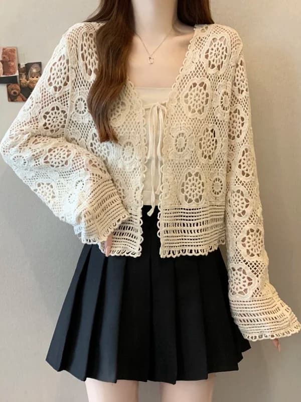 Women's Hollow out Ice Silk Open Cardigan Thin Summer Large Size Fashionable Short Style Top Outerwear Knitted V-Neck Long Sl...