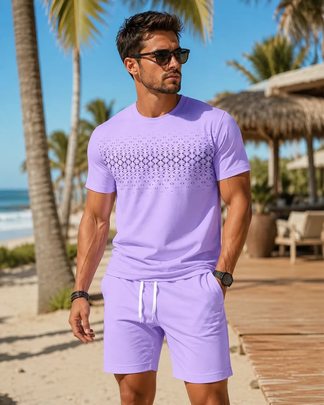 2026 Men T-shirt Coconut Tree Gradient Soft Breathable Round Neck T-shirt and Shorts Set Outdoor Urban Leisure Two Piece Set