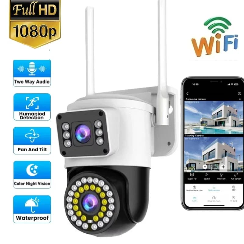 Telecamera Wifi esterna a doppia lente 360 PTZ Visione notturna Rilevazione del movimento Audio bidirezionale Webcam Telecamera IP impermeabile 4K Smart Home Cam