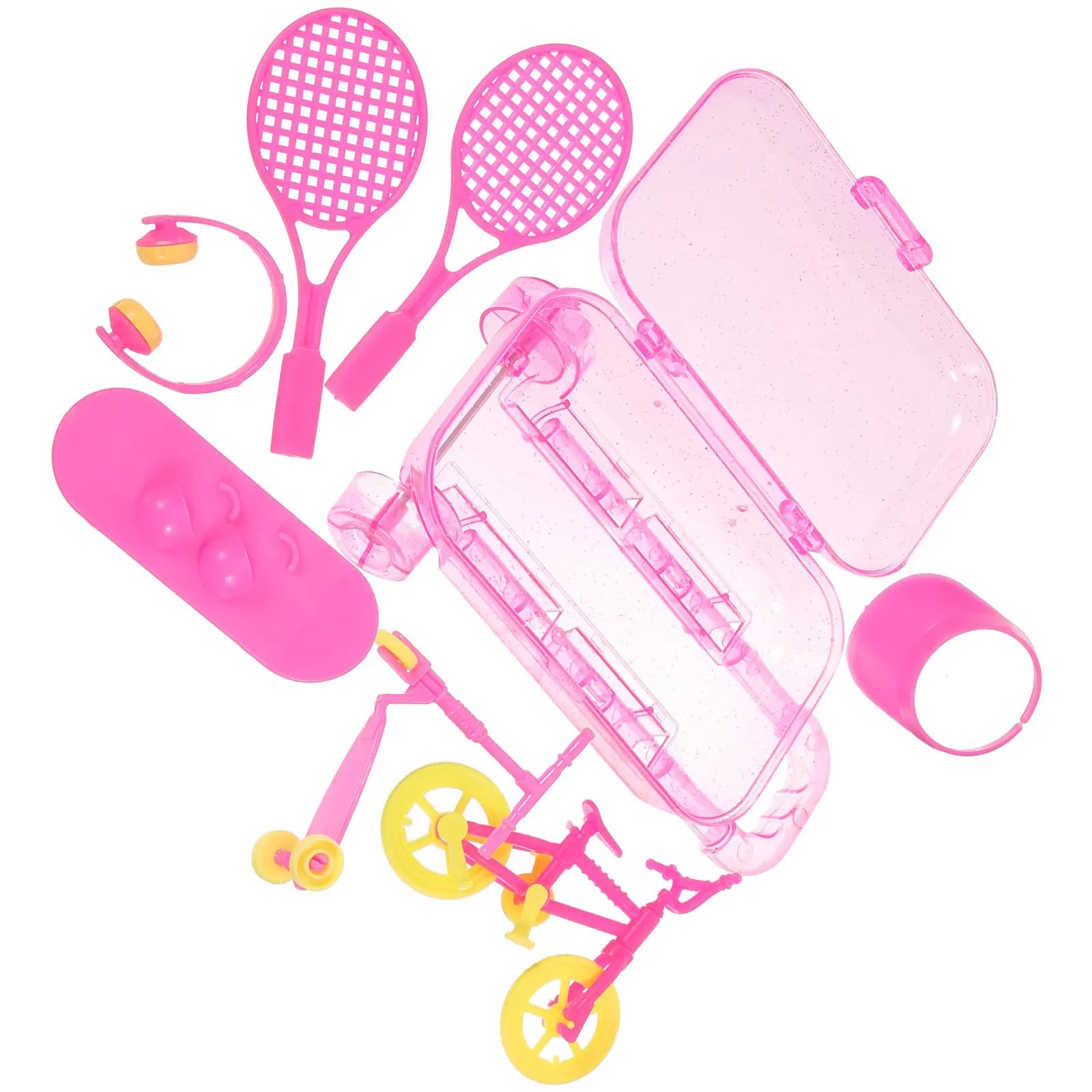Set di Accessori per Mini Casa delle Bambole: Valigia, Cuffie, Racchetta da Tennis, Cappello, Skateboard, Monopattino, Bicicletta, Set da Viaggio e Sport