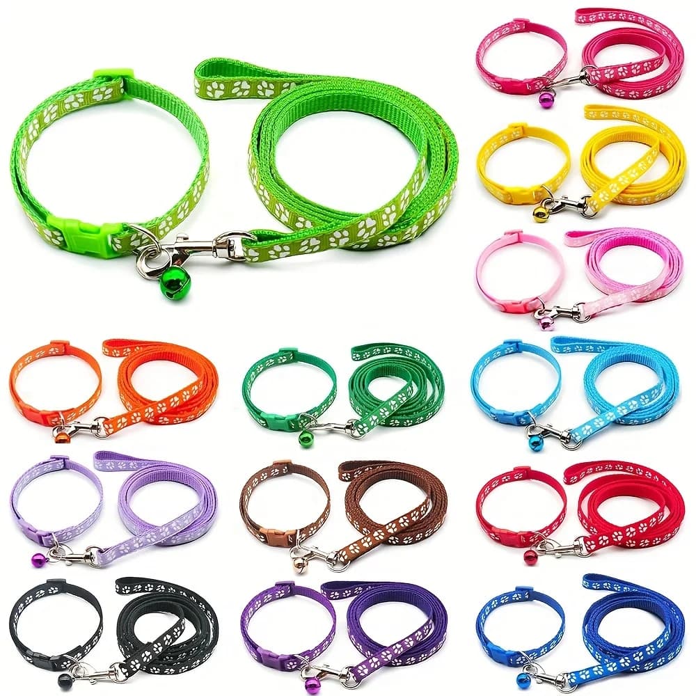Adorable Paw Print Dog Collar and Leash Set - Durable Nylon, Comfy Fit with Bell - Perfect for Stylish Daily Walks and Training