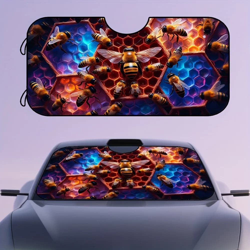 1pc Vibrant Honeycomb Bees Print Car Windshield Sunshade - Foldable Polyester Sun Visor With Colorful Bee & Honeycomb Design, Pe