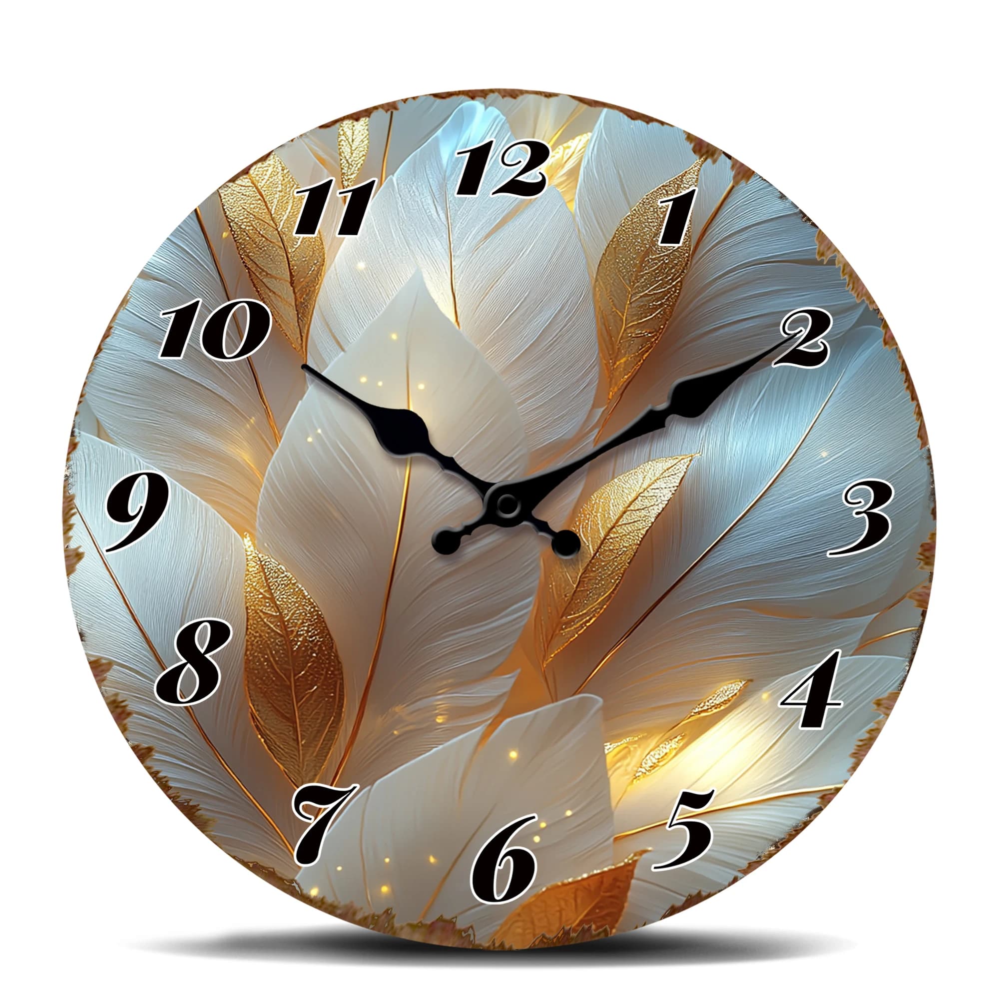 Wall Clock with Golden Leaves - Elegant Round Time Inspired by Nature for Home, Silent Quartz Movement, Luxury Furniture