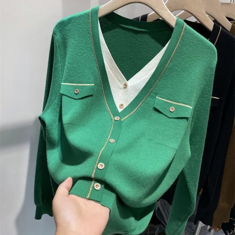 Autunno e inverno patchwork da donna con scollo a V manica lunga maglia allentata finta due pezzi top casual moda classica trattata singola