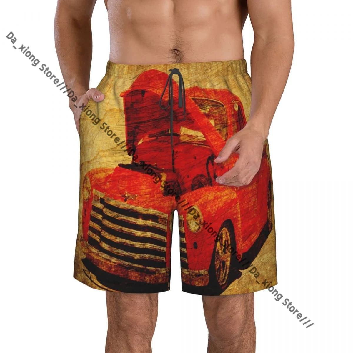 Man Swimwear Vintage Red Car Swim Shorts Trunks Beach Board Shorts Swimming Swimsuits