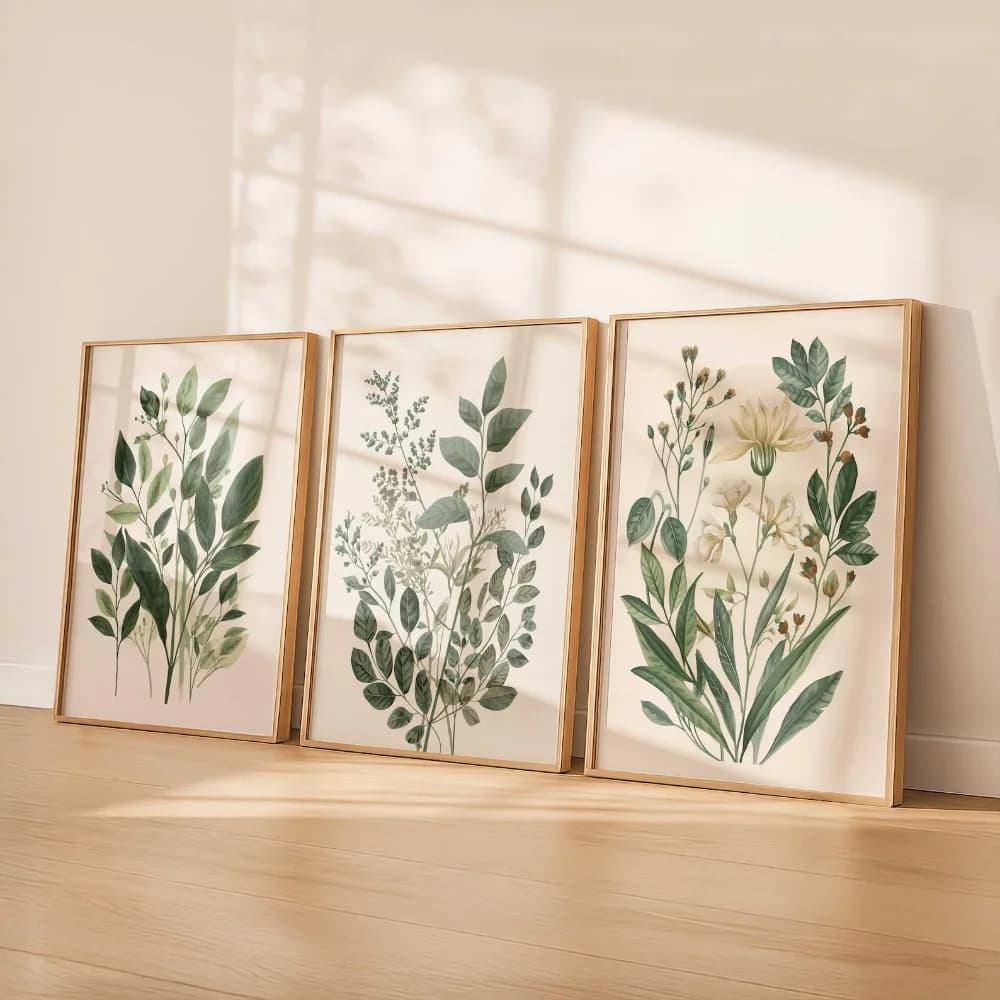 Frameless Sage Green Plant Wall Art,Neutral Flower Prints,Retro Plant Decoration, Japanese Wall Art, Simple Natural Gallery Wall