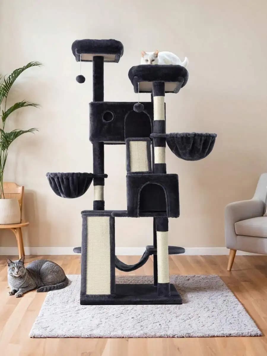 65 Inch Multi-Level Large Cat Tree Tower For Indoor Cats, Furniture Activity Center With Wide Base, Cozy Plush Cat Perches, Cat Condo With Baskets, Sisal Scratching Posts And Hammock, Beige/Dark Grey/Grey/Pink/Leopard Print/Black&White