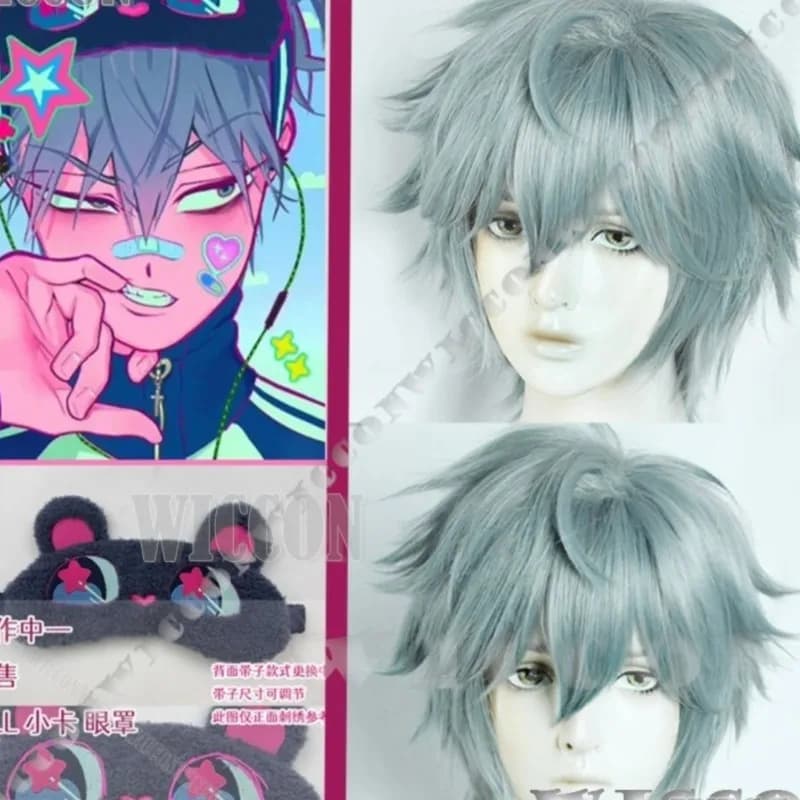 Till Anime Alien Stage R6 Cure Cosplay Blue-Green Grey Wig Sleep Eye Mask Face Sticker Hair Clip Men Women Gift Nvidad Carnaval