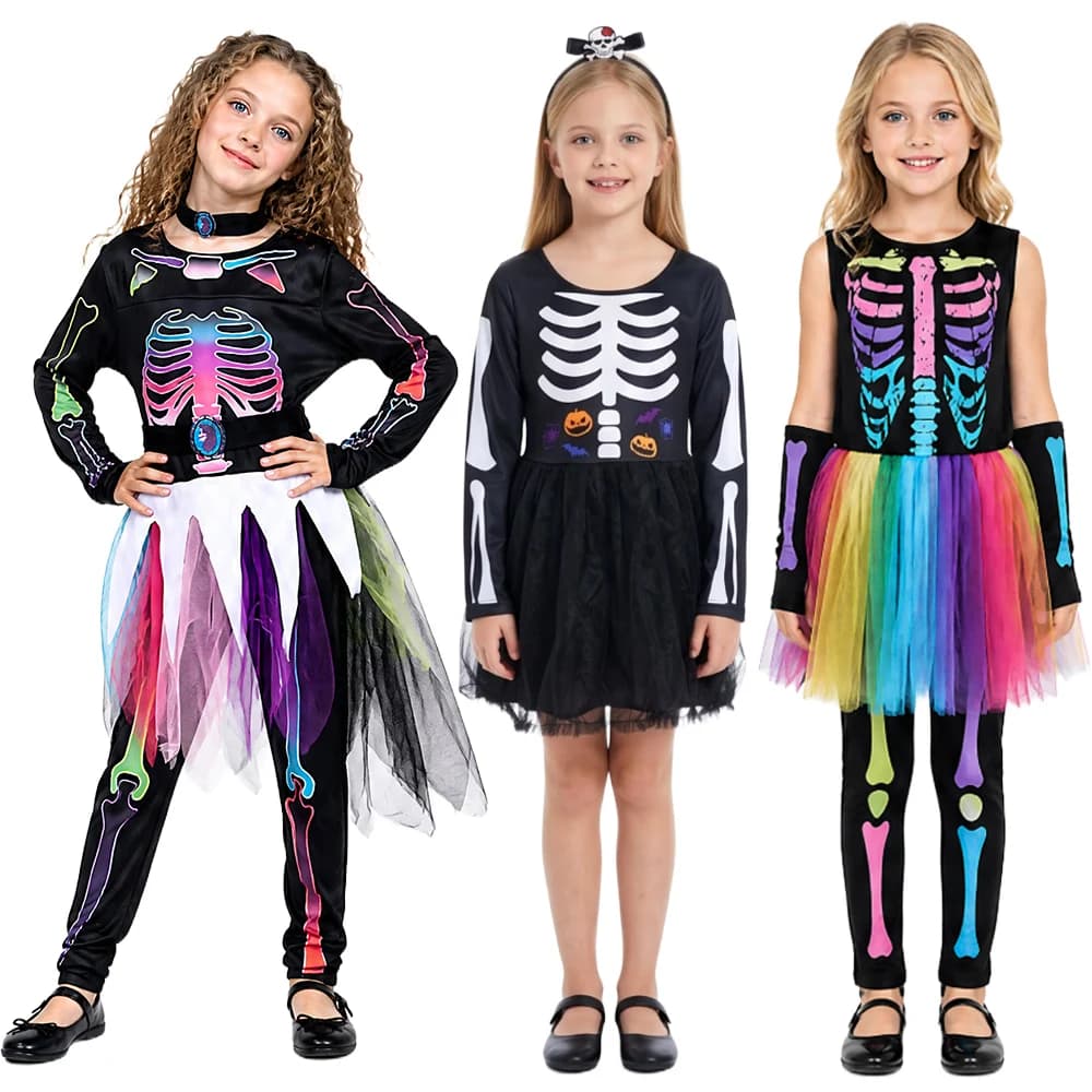 Halloween Rainbow Skeleton Printed Dress Gorgeous Cosplay Costume for Children Fun Punk Bone Carnival Gorgeous Costumes