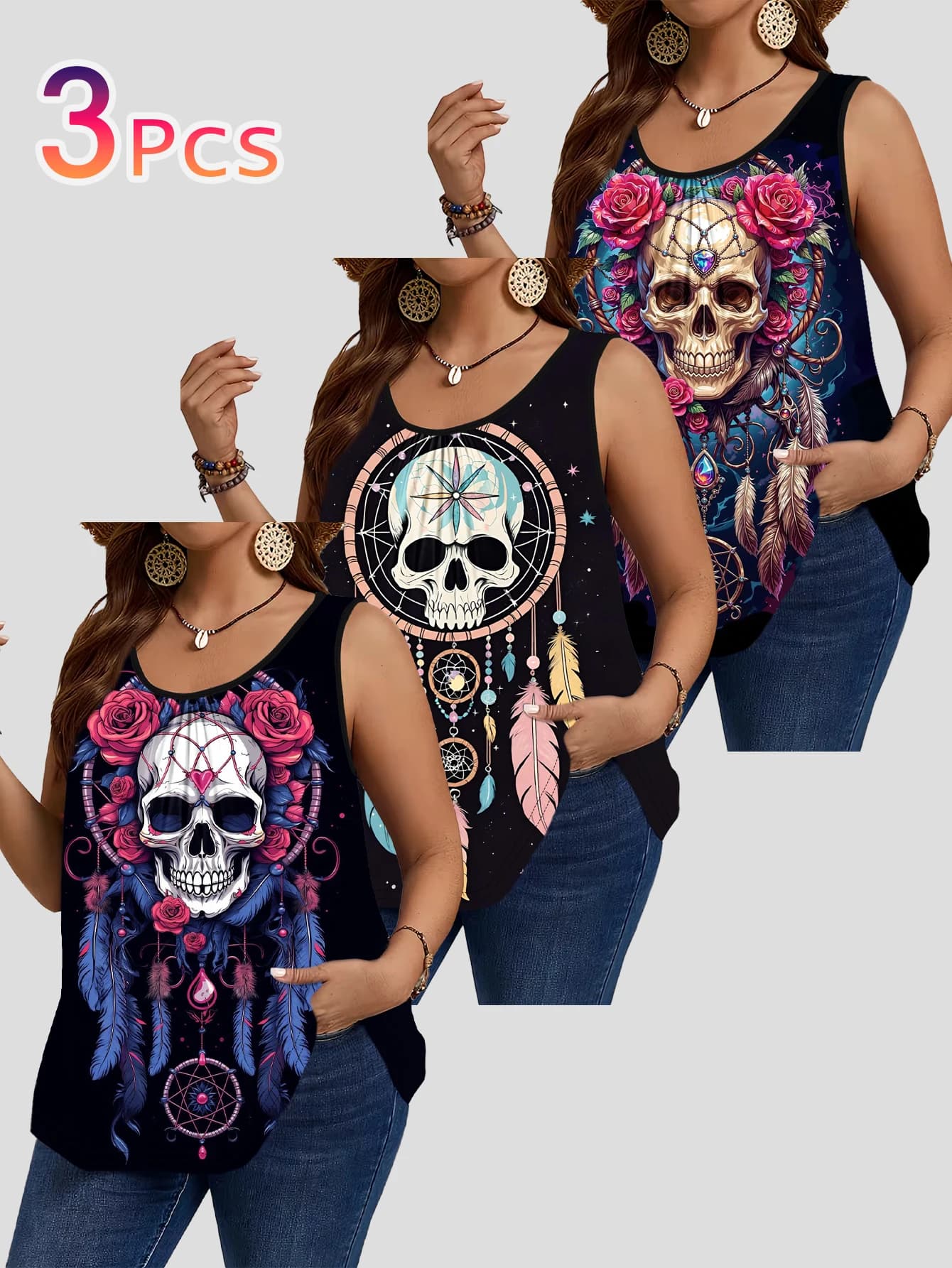 3-Piece Set of Plus-Size Sleeveless Vests with Dreamcatcher, Rose, Skull, and Feather Prints, Bohemian Dark Style Loose-Fitting Camisole Tops