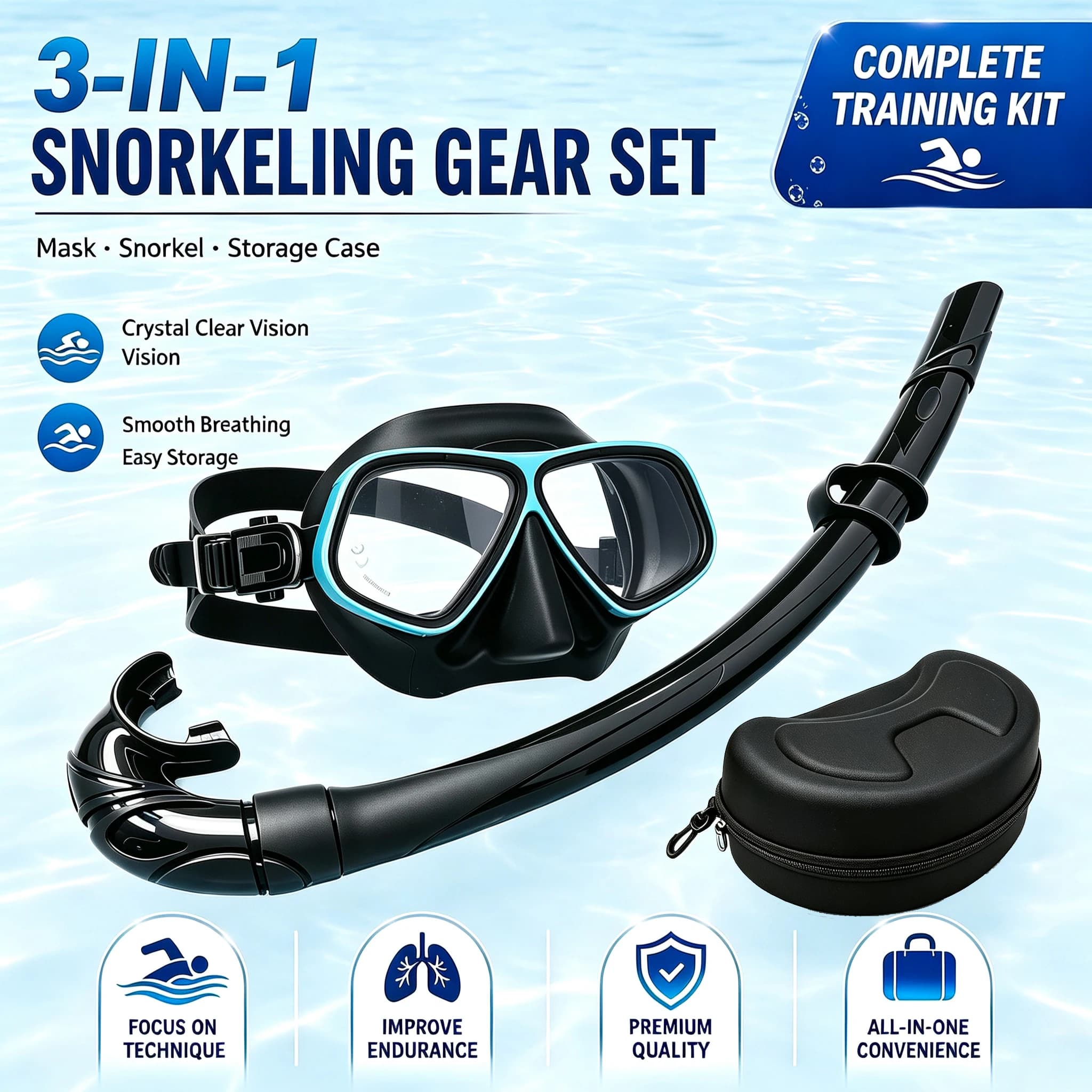 Three-Piece Snorkeling Sets, Apollo Goggles, All-Silicone Snorkels, Hard Ski Goggle Cases, Aluminum Frames, Swimming Gear