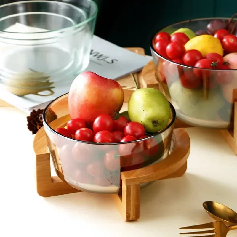 Ciotola di frutta in vetro di lusso con base in legno Vassoio per snack da soggiorno Ciotola per frutta secca e insalata per esposizione di casa e ristorante