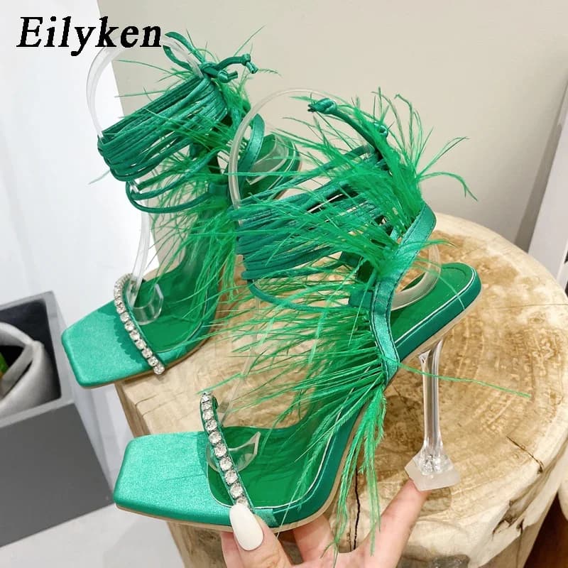 Eilyken Sandali da donna estivi sexy con piume di cristallo Moda scarpe da donna con tacco alto con lacci incrociati