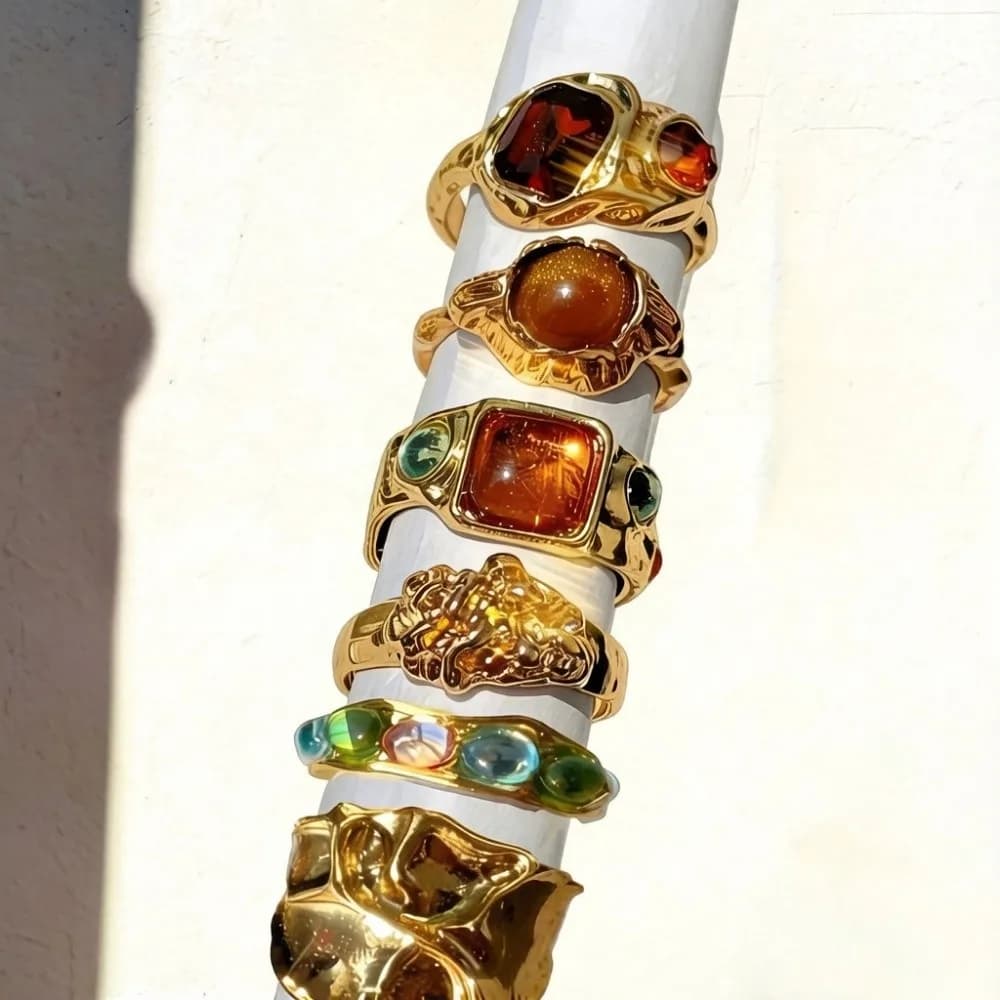 Tiger Eye Inlaid Irregular Open Ring Set Multicolor Rhinestone Carved Wave Crystal Ring Set Punk Gothic Gold Plated
