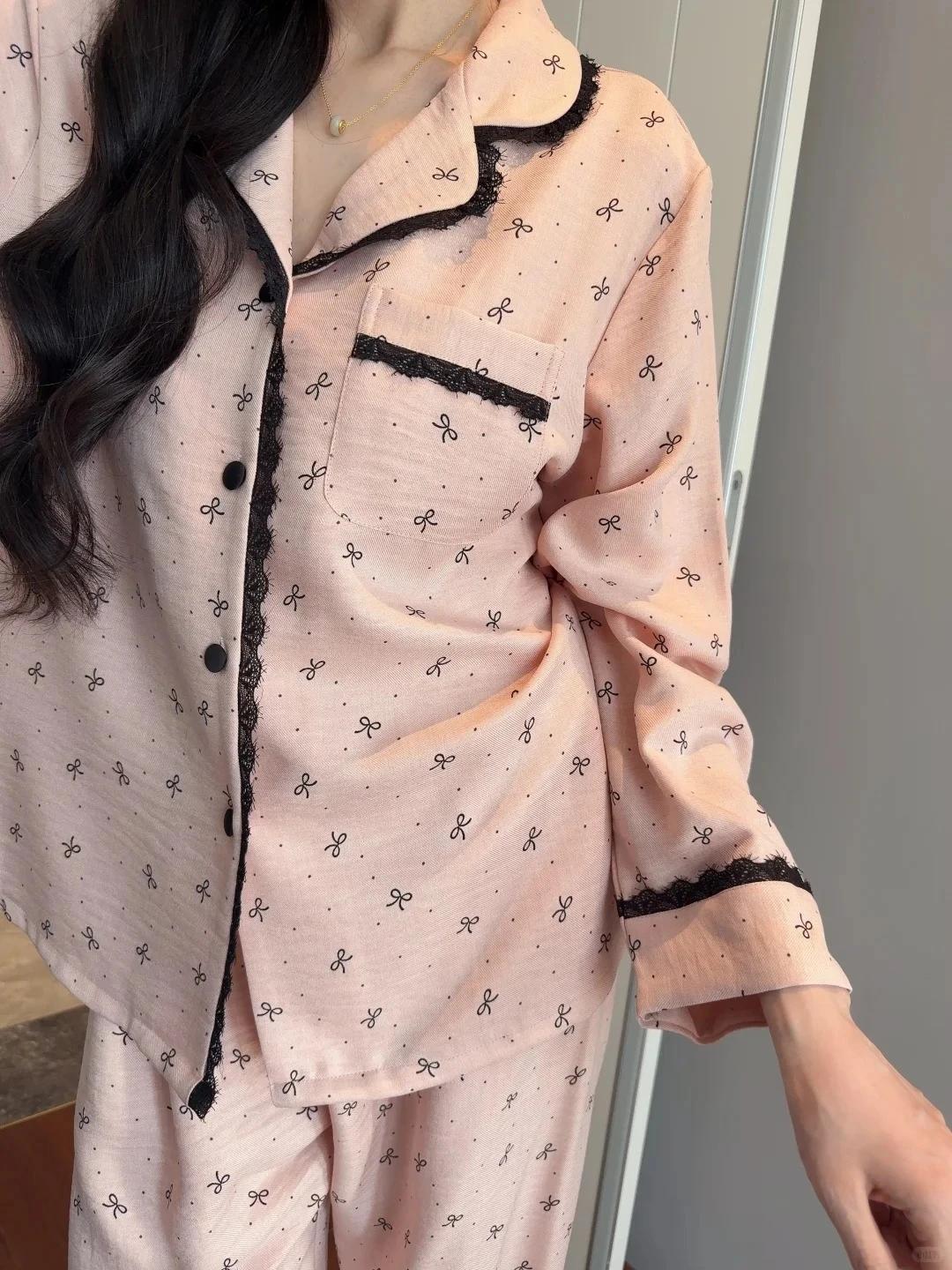 Women Lapel Pajamas Set Bow Print Long Sleeve Sleepwear Black Lace Trim Two Piece Casual Loungewear Ladies Homewear Outfit Pajam