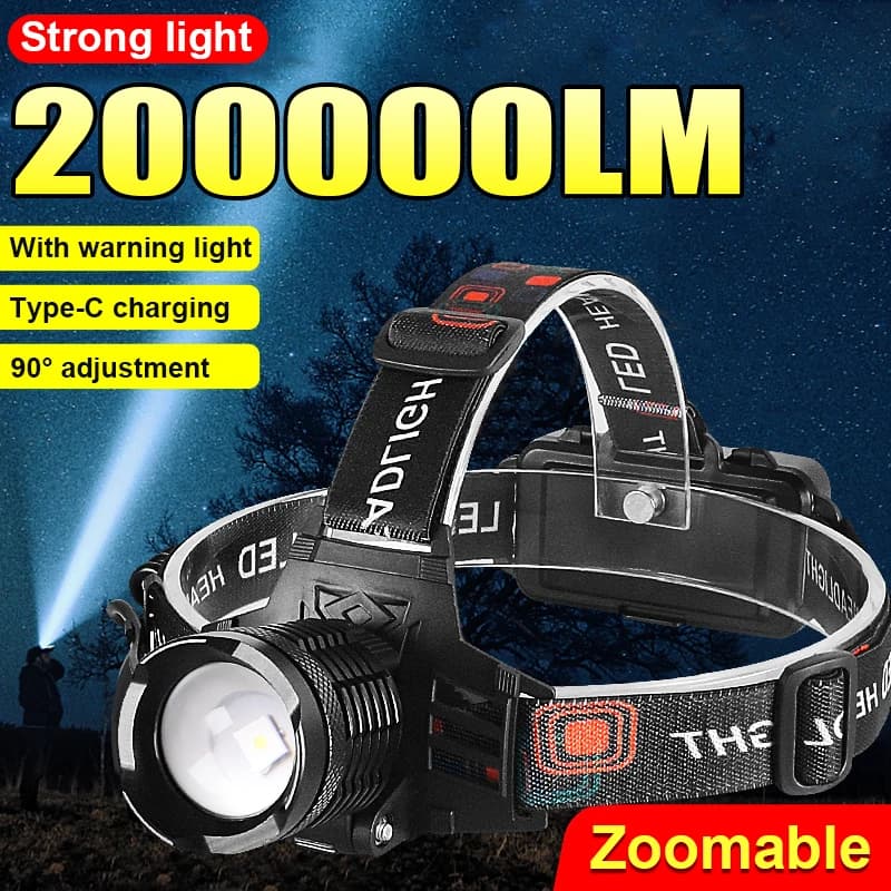 Potente lampada frontale 200000LM LED Testa Lanterna Spia Pesca Testa Torcia Torcia a lungo raggio per avventure all'aria aperta