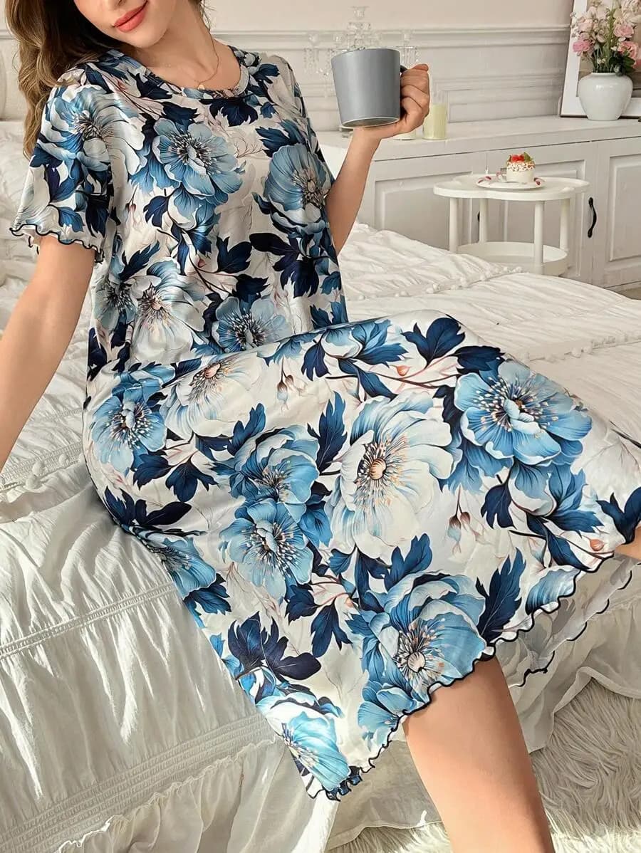 Floral Print Short Sleeve Women Sleep Dress Summer Comfortable Nightgown