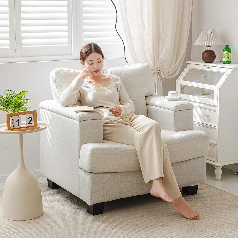 Extra-Large Reading Armchair Comfortable with Armrests and Vano Bearings, 38 cm Width, Bearing Thickness 7.8 cm, Ideal for Living Room or Bedroom, in Linen
