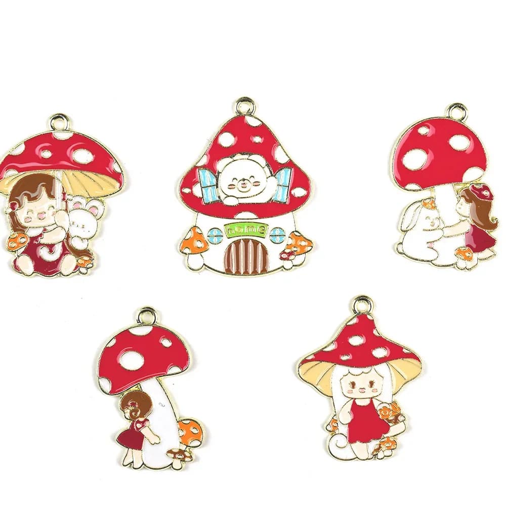 10 pezzi di funghi orecchini con ciondoli accessori fai da te cartone animato braccialetto con ciondolo adorabile materiale fatto a mano ciondolo in smalto rosso
