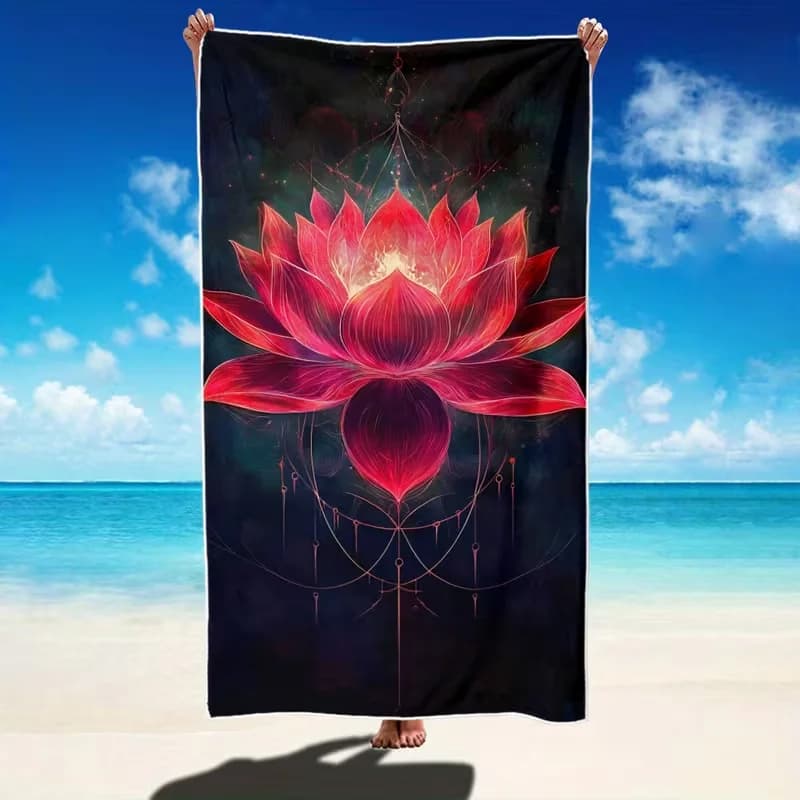 Telo Mare con Stampa Loto Rosso, Motivo Floreale Minimalista e Mistico, Asciugatura Rapida, Anti-Sabbia, per Estate, Spiaggia, Nuoto, Viaggi