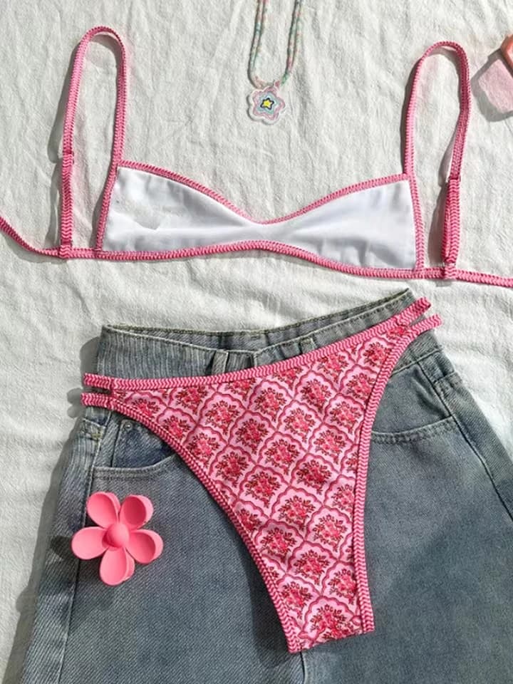 Vzvn 2025 Bather Bathing Suit Swim Flowers Printed High Leg Cut Bikini Female Swimsuit Women Swimwear Two-pieces Bikini Set