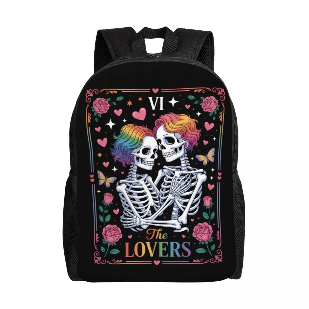 The Lovers Tarot Card Goth Kissing Lesbian Skeletons Zaini arcobaleno Studenti universitari della scuola Bookbag Borse per San Valentino