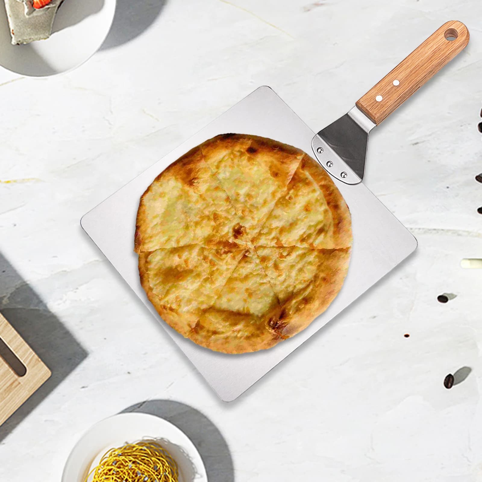Accessori per forno per Pizza con buccia per Pizza in acciaio inossidabile sollevatore per torta quadrato multifunzionale portatile resistente al calore con manico in legno