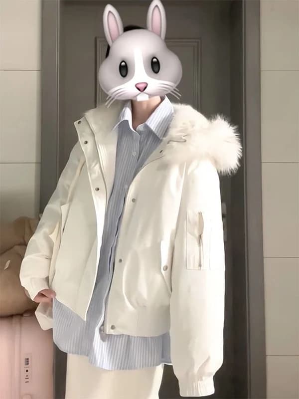 Sweet Style Hooded Cotton Jacket Moon White Color Block Faux Fur Collar Warm Winter Coat Thickened Long Sleeve Zipper Closure
