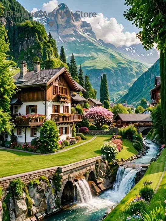 Alpine Mountain Village Waterfall Landscape Diy Diamond Painting Home Wall Art Decor