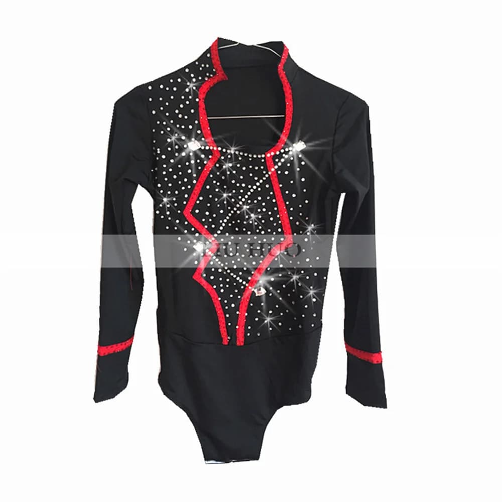LIUHUO Pattinaggio di Figura sul Ghiaccio Top da Uomo Nero Spandex Indossare Striscia di Strass Maniche Lunghe Ragazzo Abbigliamento Costume Concorso di Danza