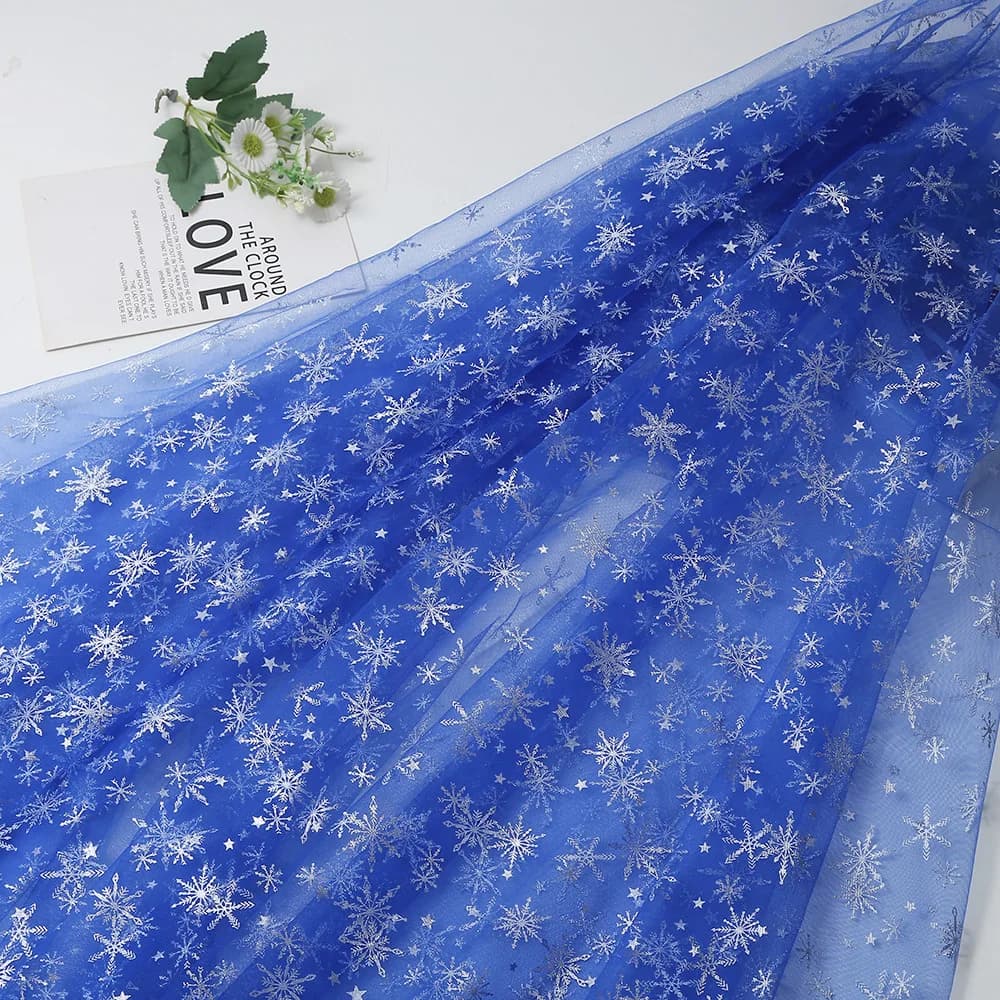 5M/lot 150Cm Wide Silver Hot Stamping Snowflake Tulle Fabric Kids Tutu Skirt Material Princess Dress Cloth Toys Clothing F115