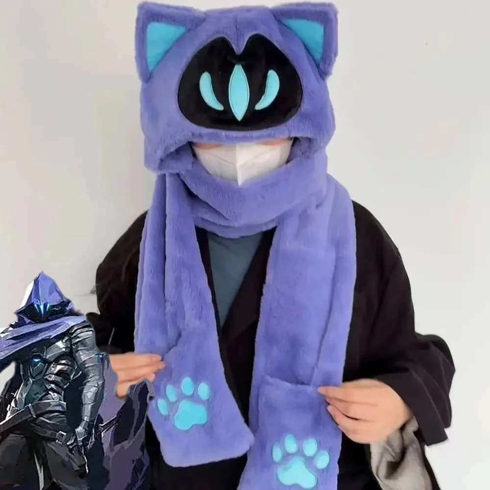 Game VALORANT Omen Cosplay Hat Autumn Winter Scarf Integrated Unisex Cute Cat Plush Cap Warm Christmas Costume