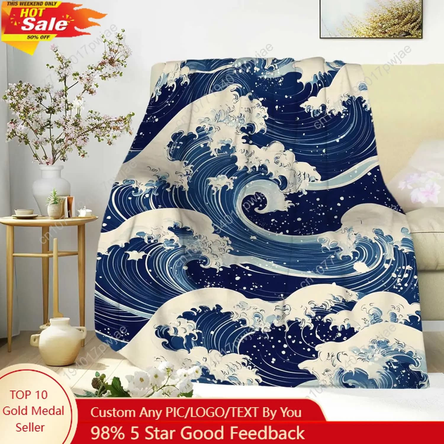 Coperta con stampa ondulata giapponese per uomo e donna Coperta morbida e accogliente Coperta alla moda di ispirazione asiatica per divano letto Coperte personalizzate