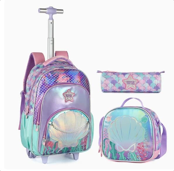 Backpack with Wheels for Girls Rolling Backpack Cute Carry on Backpack Kids Luggage with Lunch Box Pencil Case Elementary School