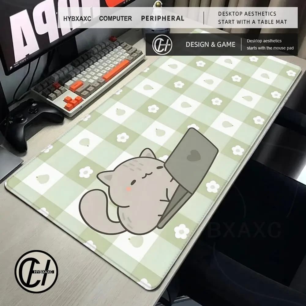 Tappetino per Mouse XXL Verde Salvia con Gatto Kawaii, Tappetino da Gaming Fantasy con Sirena Oceanica, Tappetino Estetico Grande per Scrivania PC