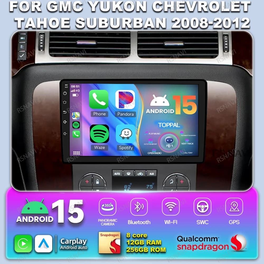 Car Radio Android 15 For GMC Yukon Chevrolet Tahoe Suburban 2008 2009 2010 2011 2012 Qualcomm RDS Navigation AI Voice Wireless