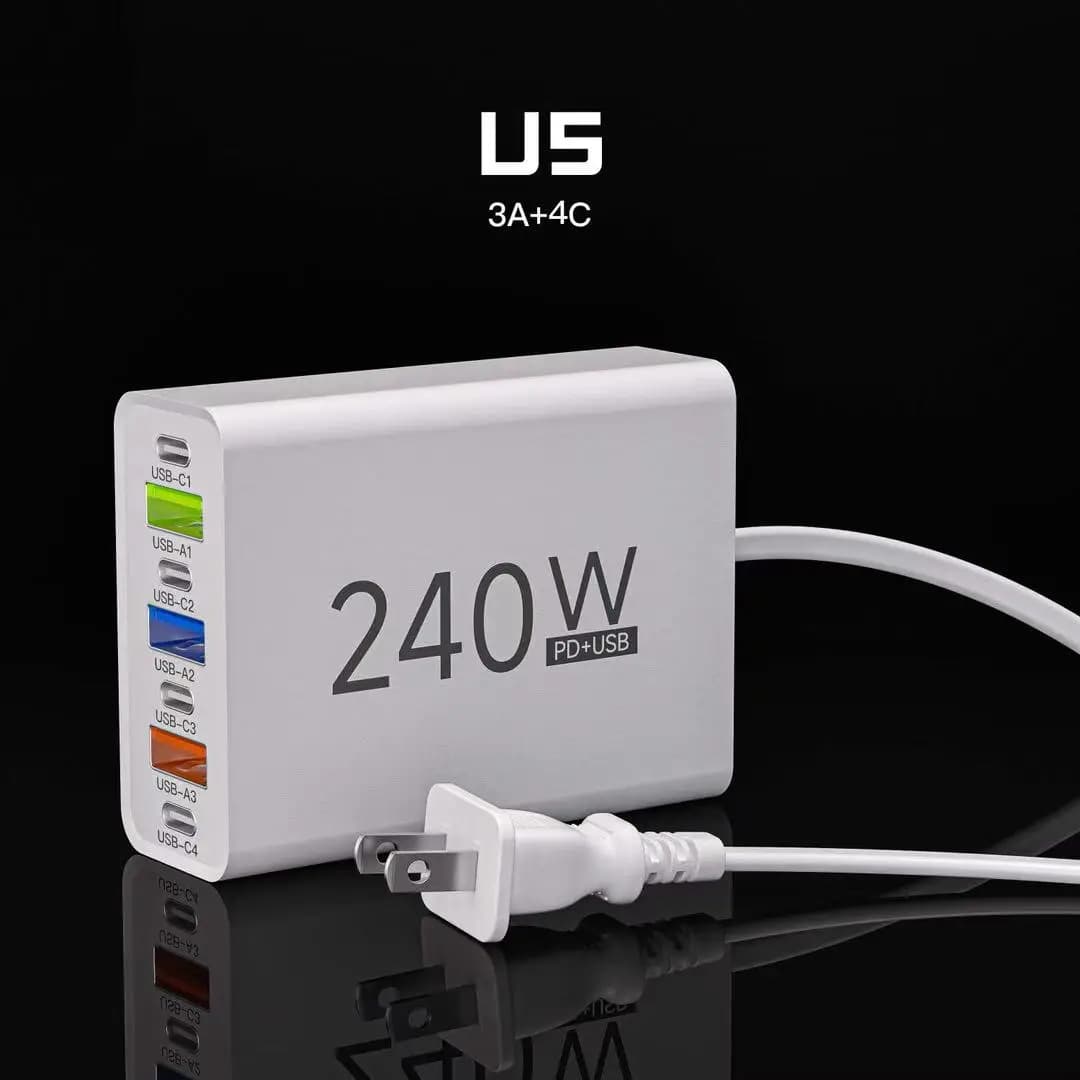 Caricatore USB Rapido 240W PD QC3.0 Adattatore di Ricarica Tipo C | Caricabatterie da Viaggio USB-C per iPhone, Ricarica Rapida