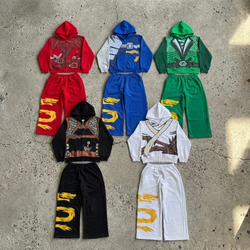 Set 2 Pezzi Y2K con Felpa con Zip e Stampa Anime, 5 Colori, Abbigliamento Quotidiano Trendy, Pantaloni a Gamba Larga, Set Streetwear