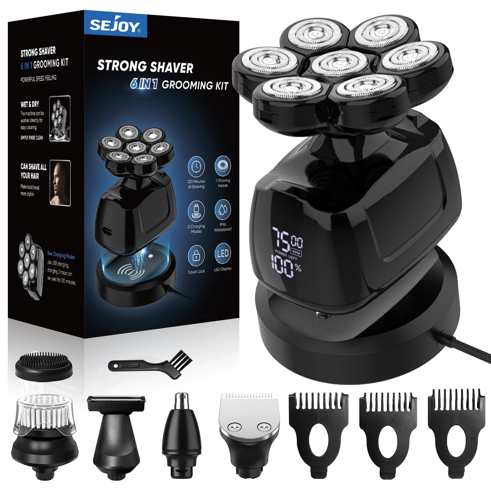 SEJOY Electric Razor for Men, 7D Floating Head Magnetic, Wet/Dry, Regulated, USB Rechargeable, LED Display