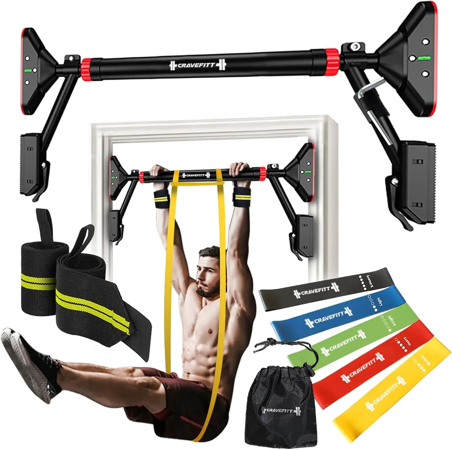 Barra per trazioni per porta con fasce di resistenza e fasce per polsi, barra per trazioni regolabile per allenamenti nella parte superiore del corpo, Locki da 29.9 " - 35.5"